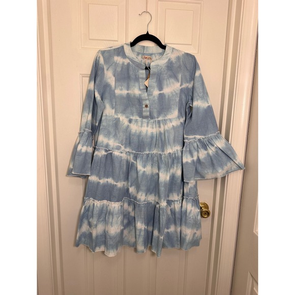 Faherty Dresses & Skirts - Faherty Vida Tie Dye Dress Faded Blue Organic Cotton Tiered Bell Sleeve
